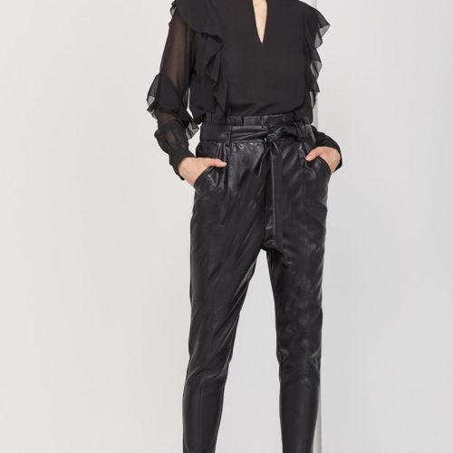 black vegan leather belted pants