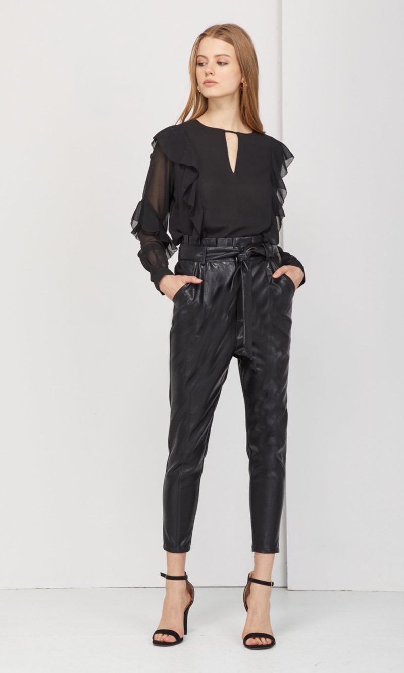 black vegan leather belted pants