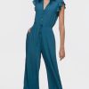 Women's wide legged teal button up tie waist jumpsuit