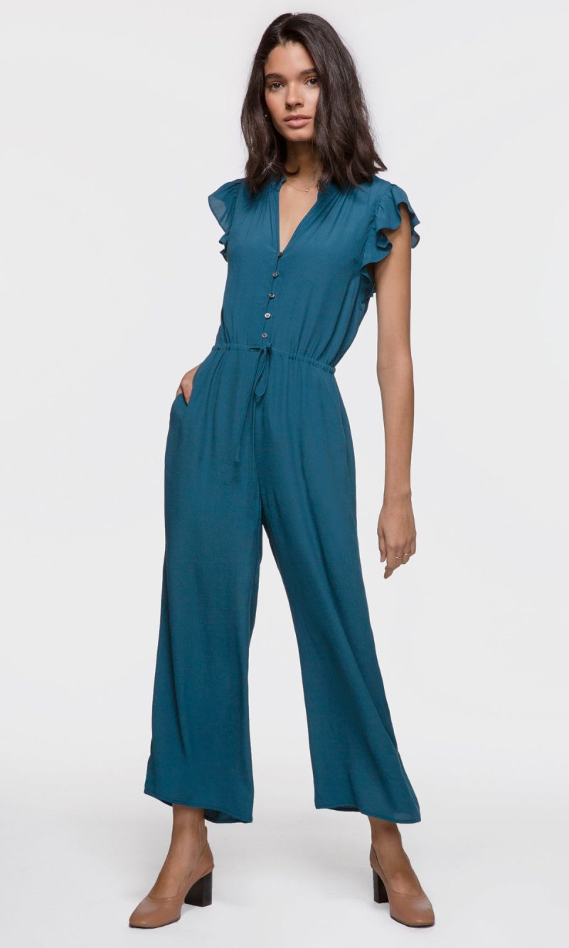 Women's wide legged teal button up tie waist jumpsuit