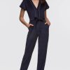 Women's navy corded short sleeve tie waist twill jumpsuit