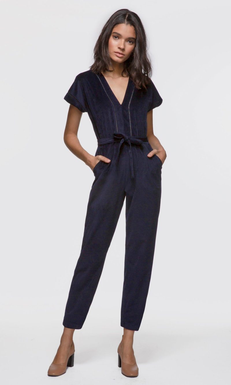 Women's navy corded short sleeve tie waist twill jumpsuit