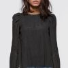 Women's black long pouf sleeve inset trim blouse