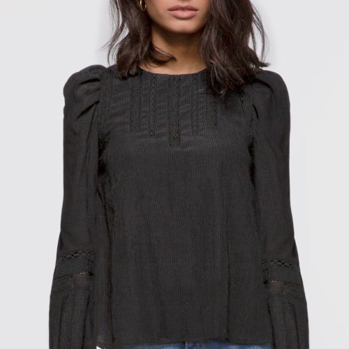 Women's black long pouf sleeve inset trim blouse